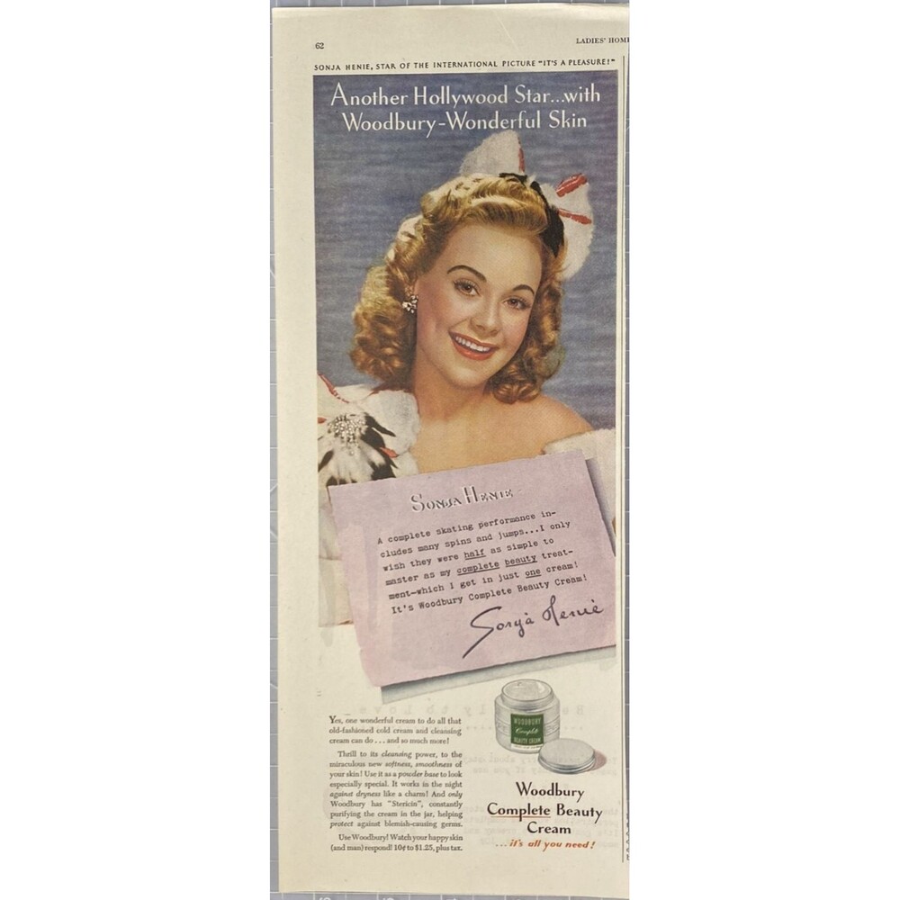 Woodbury Beauty Cream "Sonja Henie: Another Woodbury Hollywood Star" Ad 1950's